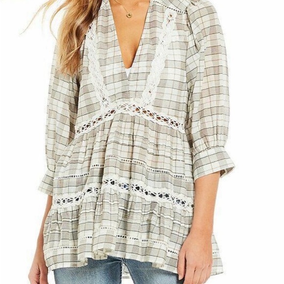 Free People Tiered Plaid Flowy top sz Small will fit M oversized - Picture 2 of 4
